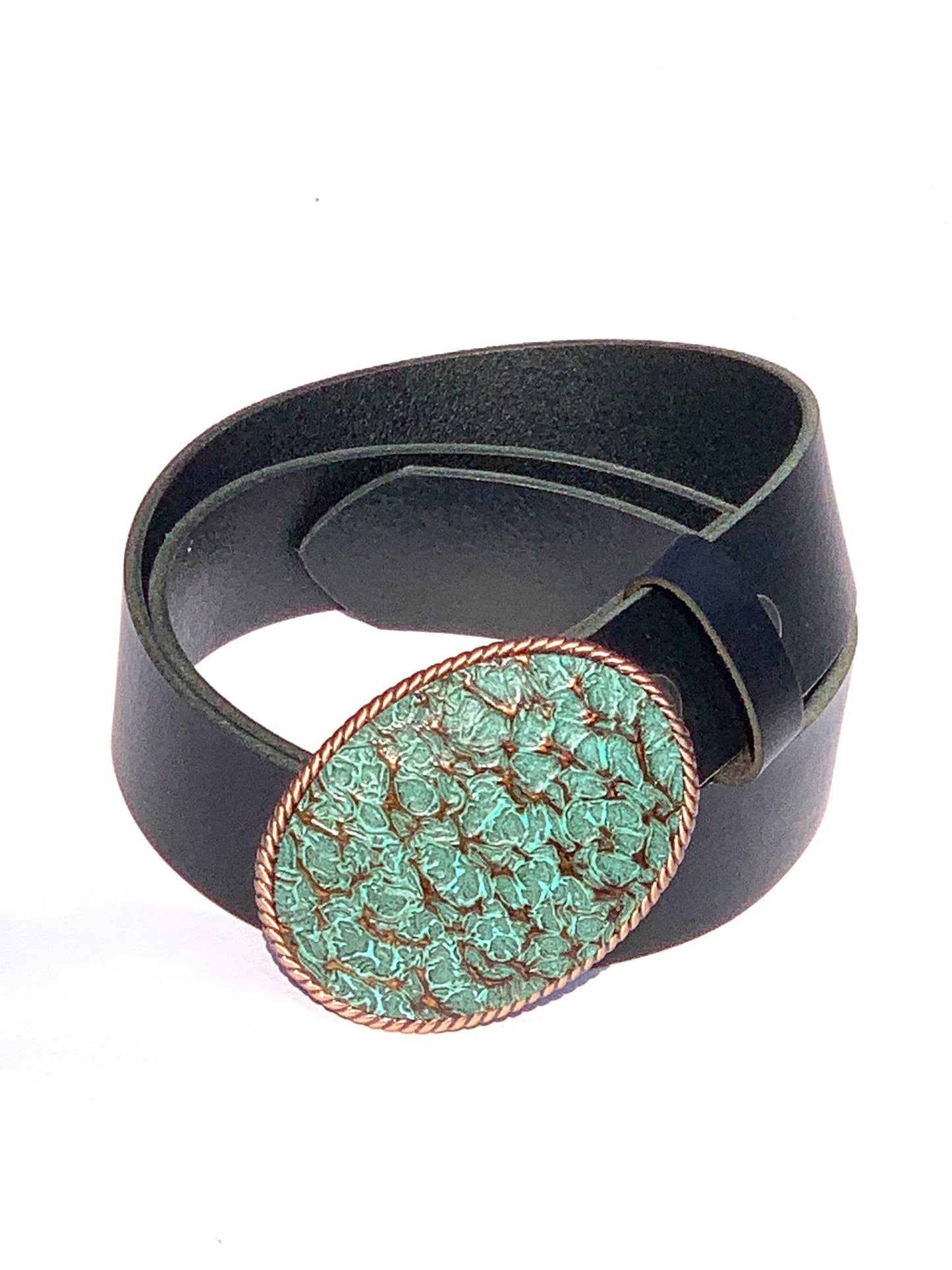 Turquoise Embossed Leather On Copper Belt Buckle