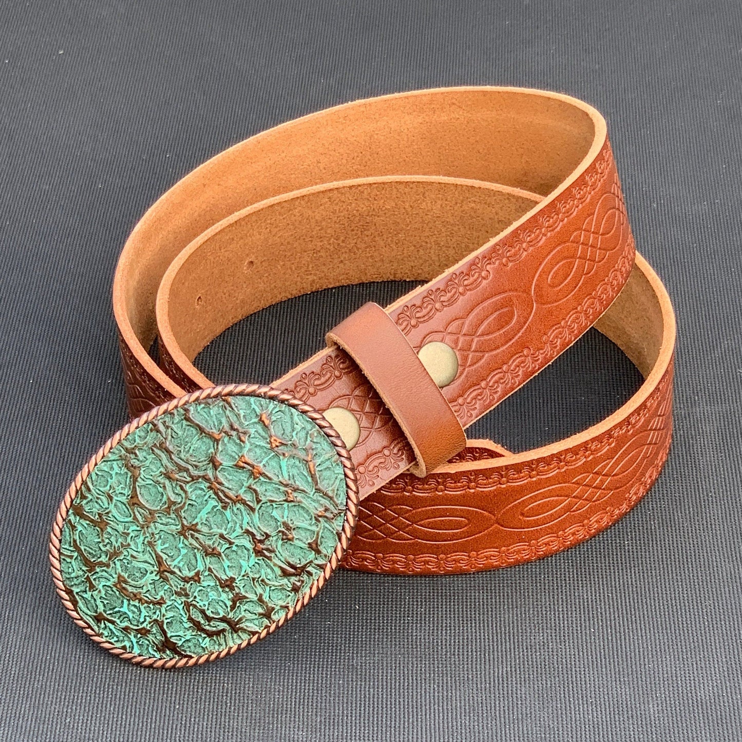 Turquoise Embossed Leather On Copper Belt Buckle