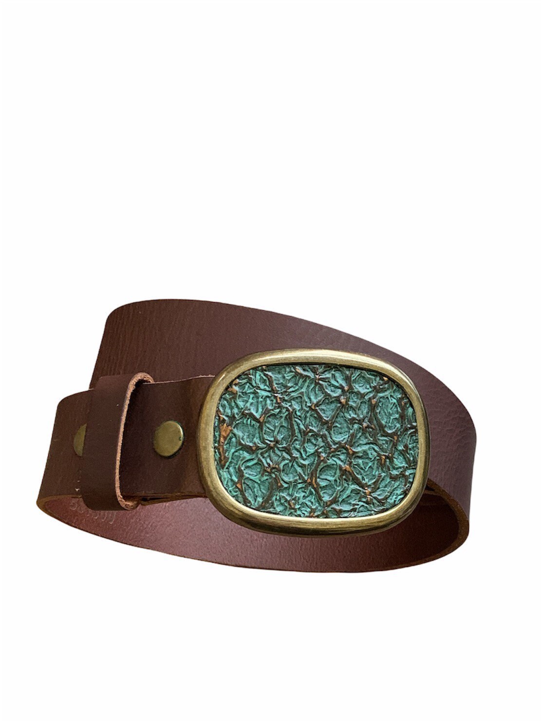 Turquoise Embossed Leather With Bronze Accents Belt Buckle