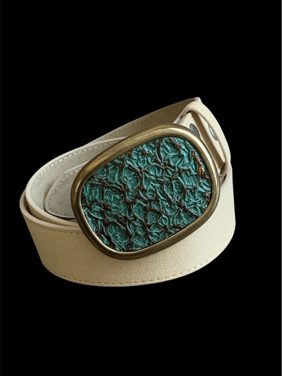 Turquoise Embossed Leather With Bronze Accents Belt Buckle