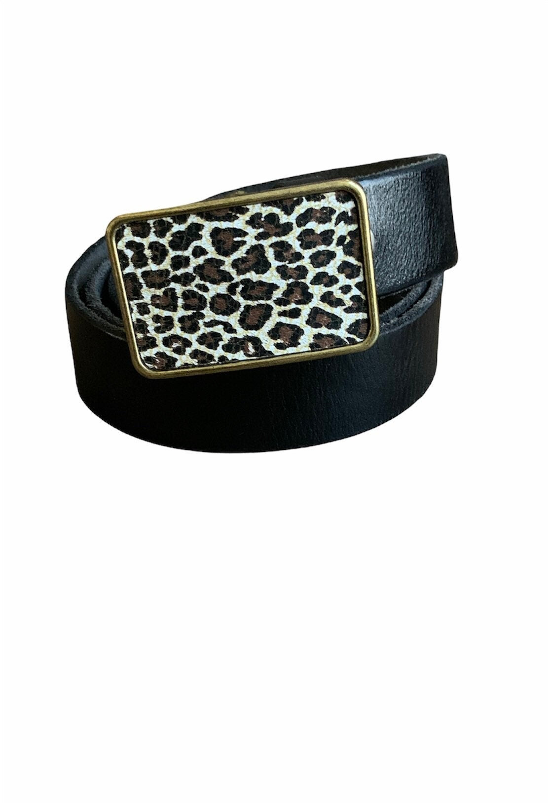 Leopard Print Leather Belt Buckle in White and Black Interchangeable Belt Set