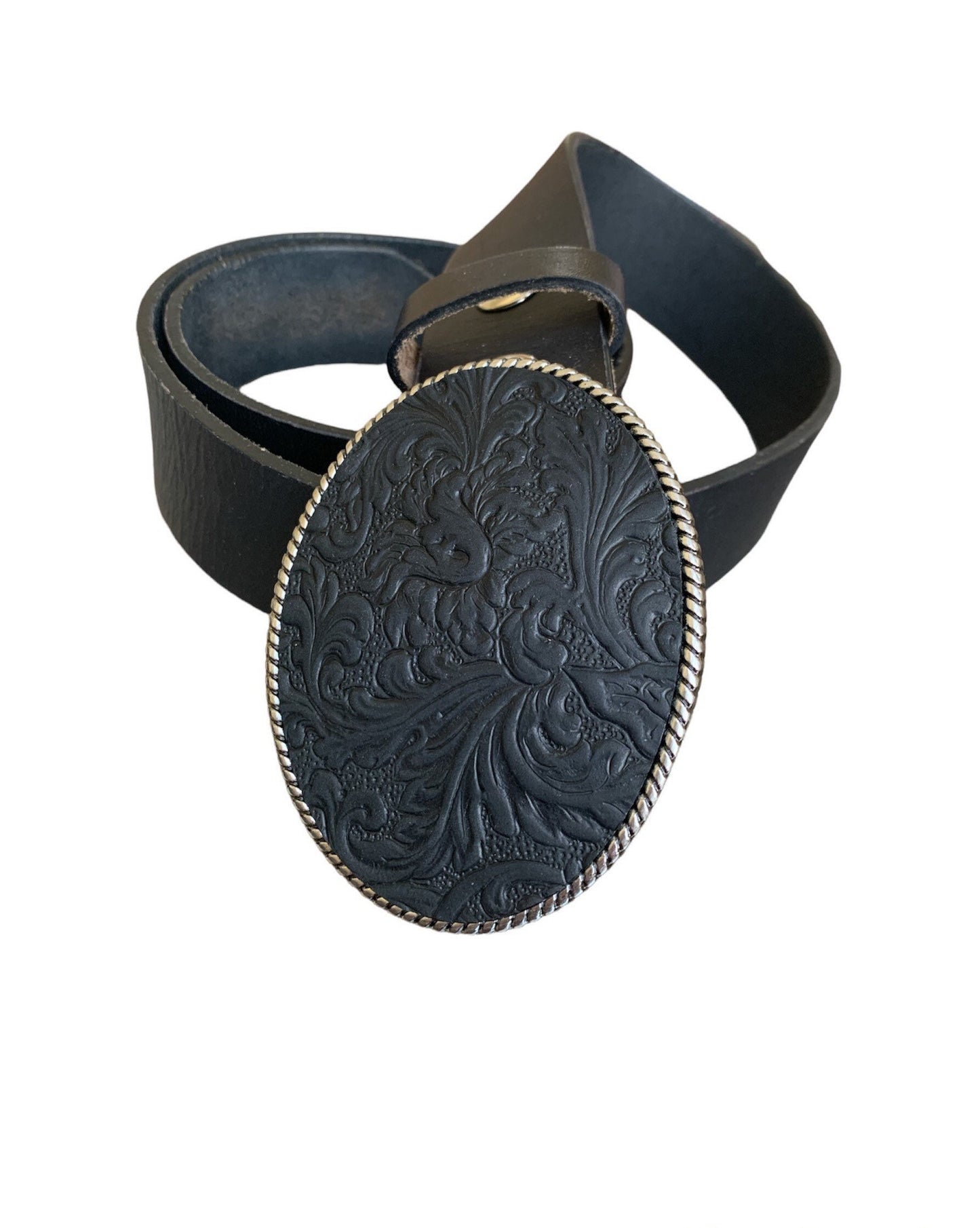 Large Black Embossed Leather Belt Buckle