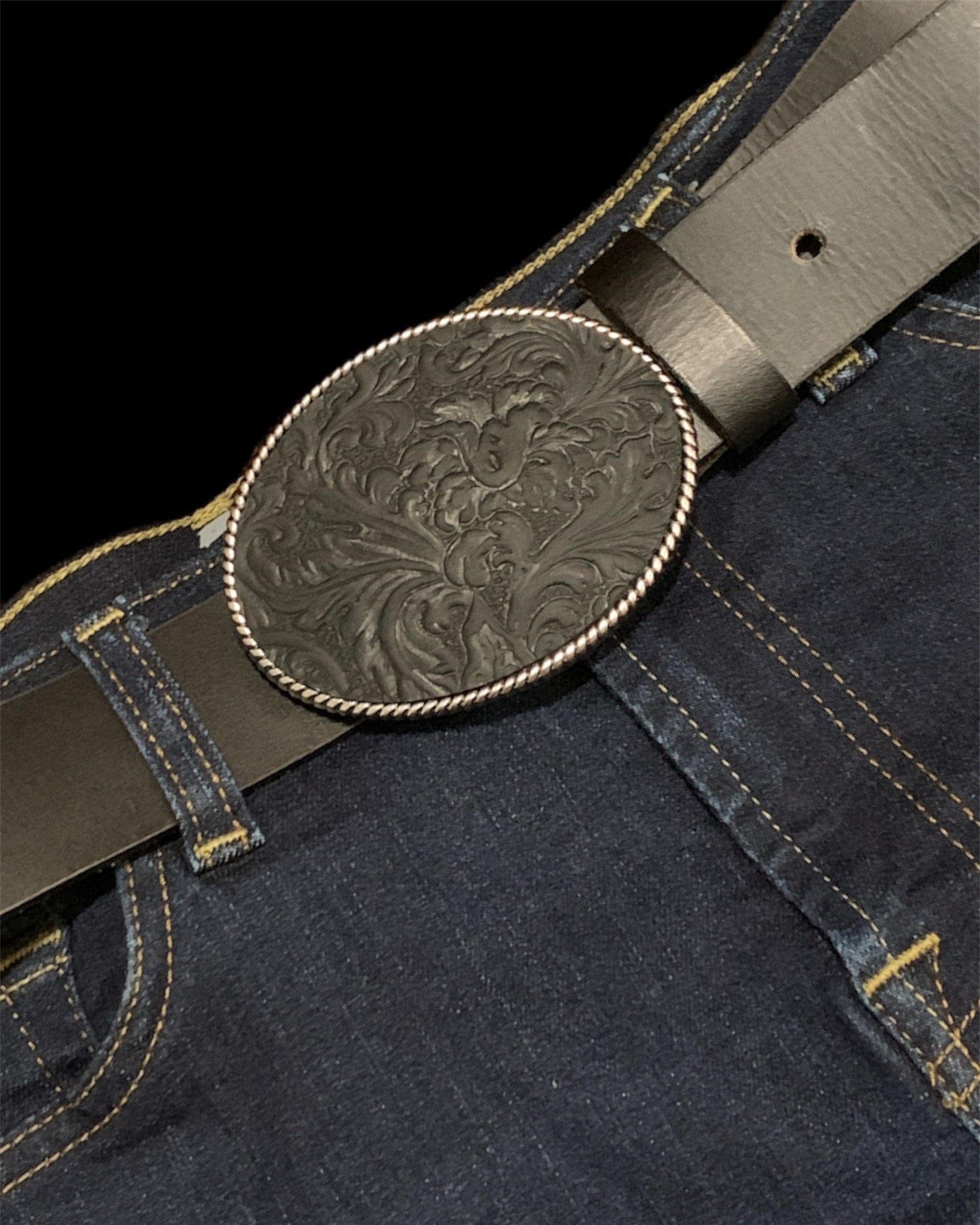 Large Black Embossed Leather Belt Buckle