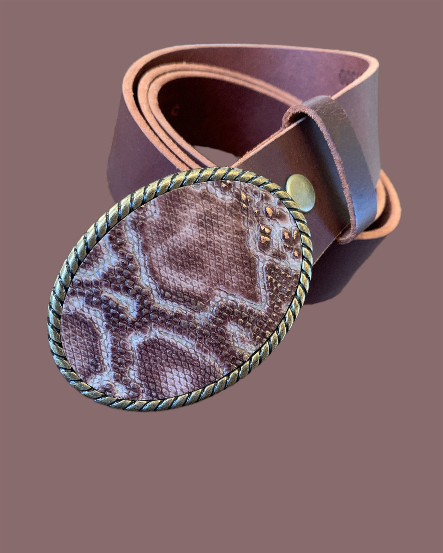 Python Printed Leather Belt Buckle in Bronze