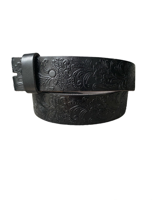 Black Western Embossed Leather No Buckle Belt