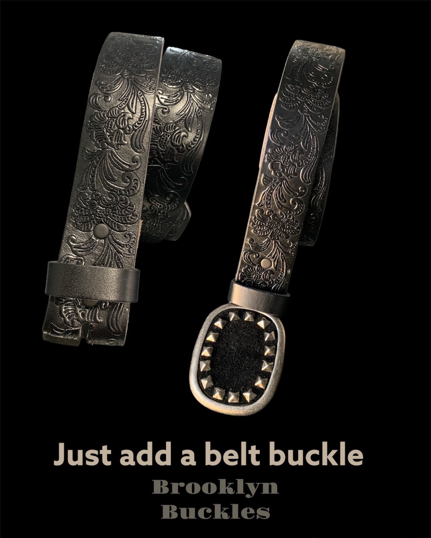 Black Western Embossed Leather No Buckle Belt