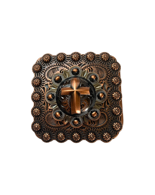 Cross Concho Engraved Copper Belt Buckle