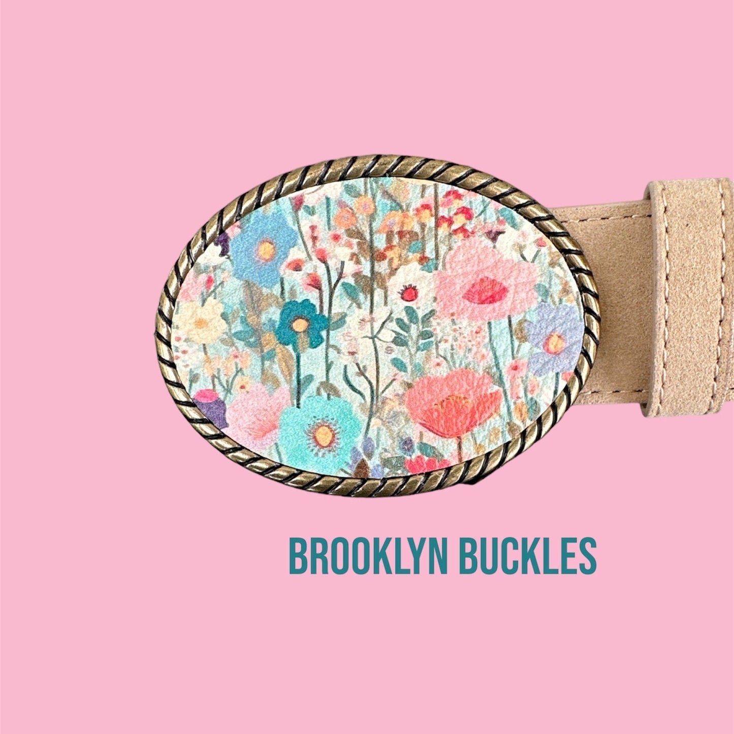 Watercolor Pastel Flowers Leather Belt Buckle