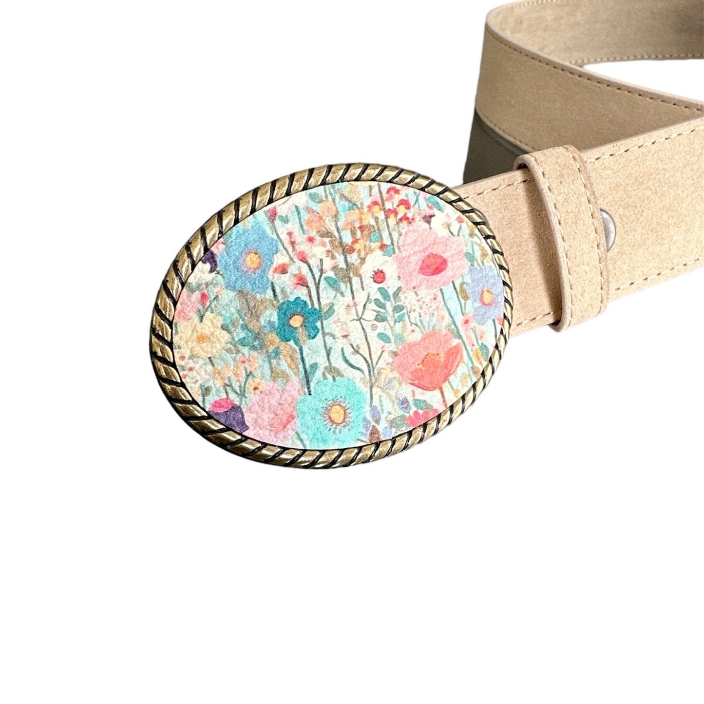 Watercolor Pastel Flowers Leather Belt Buckle