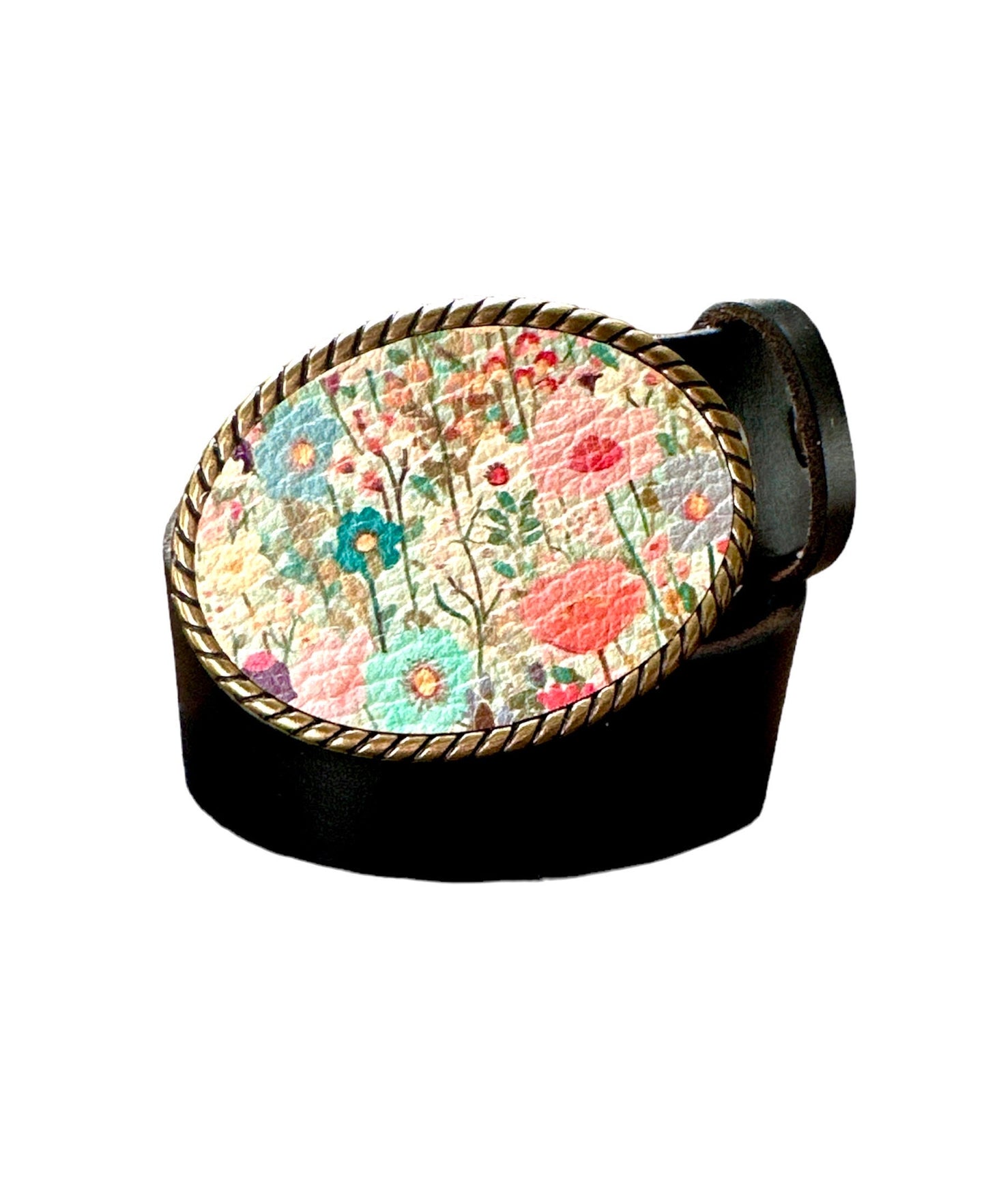 Watercolor Pastel Flowers Leather Belt Buckle