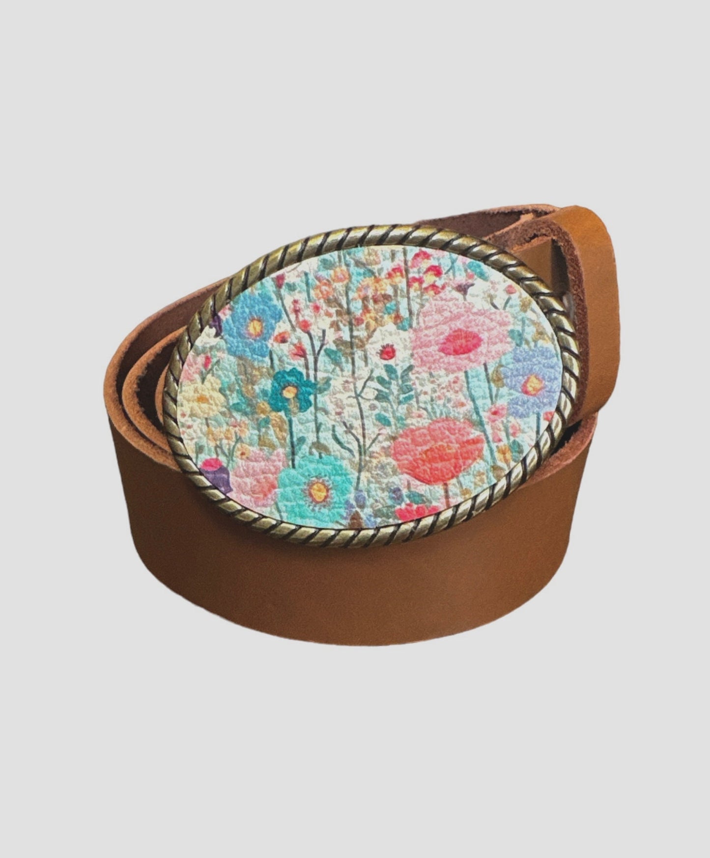 Watercolor Pastel Flowers Leather Belt Buckle