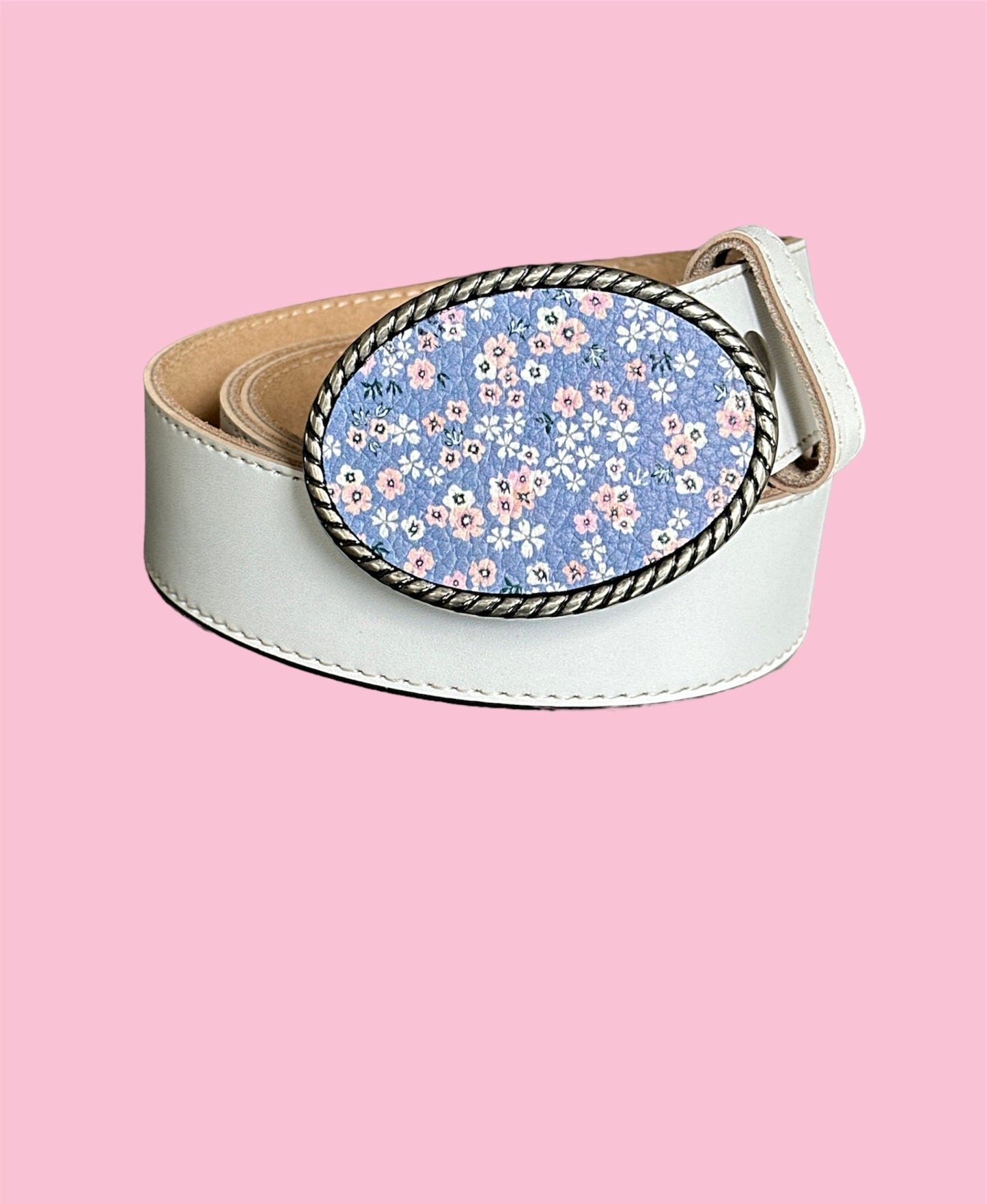 Periwinkle Floral Daisy Leather Belt Buckle