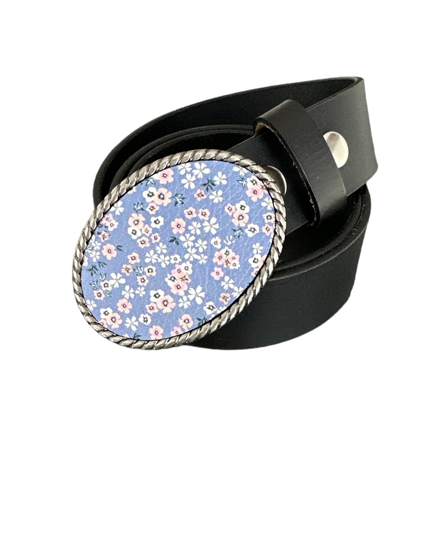 Periwinkle Floral Daisy Leather Belt Buckle