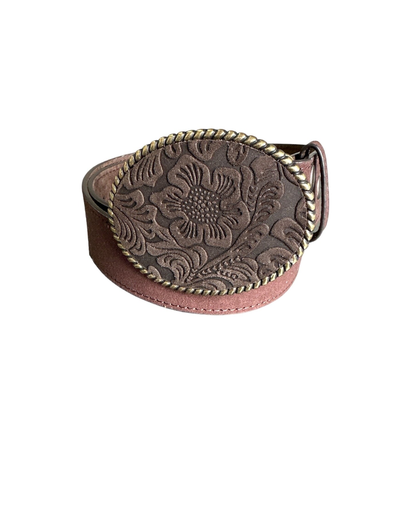 Dark Brown Floral Embossed Leather Belt Buckle