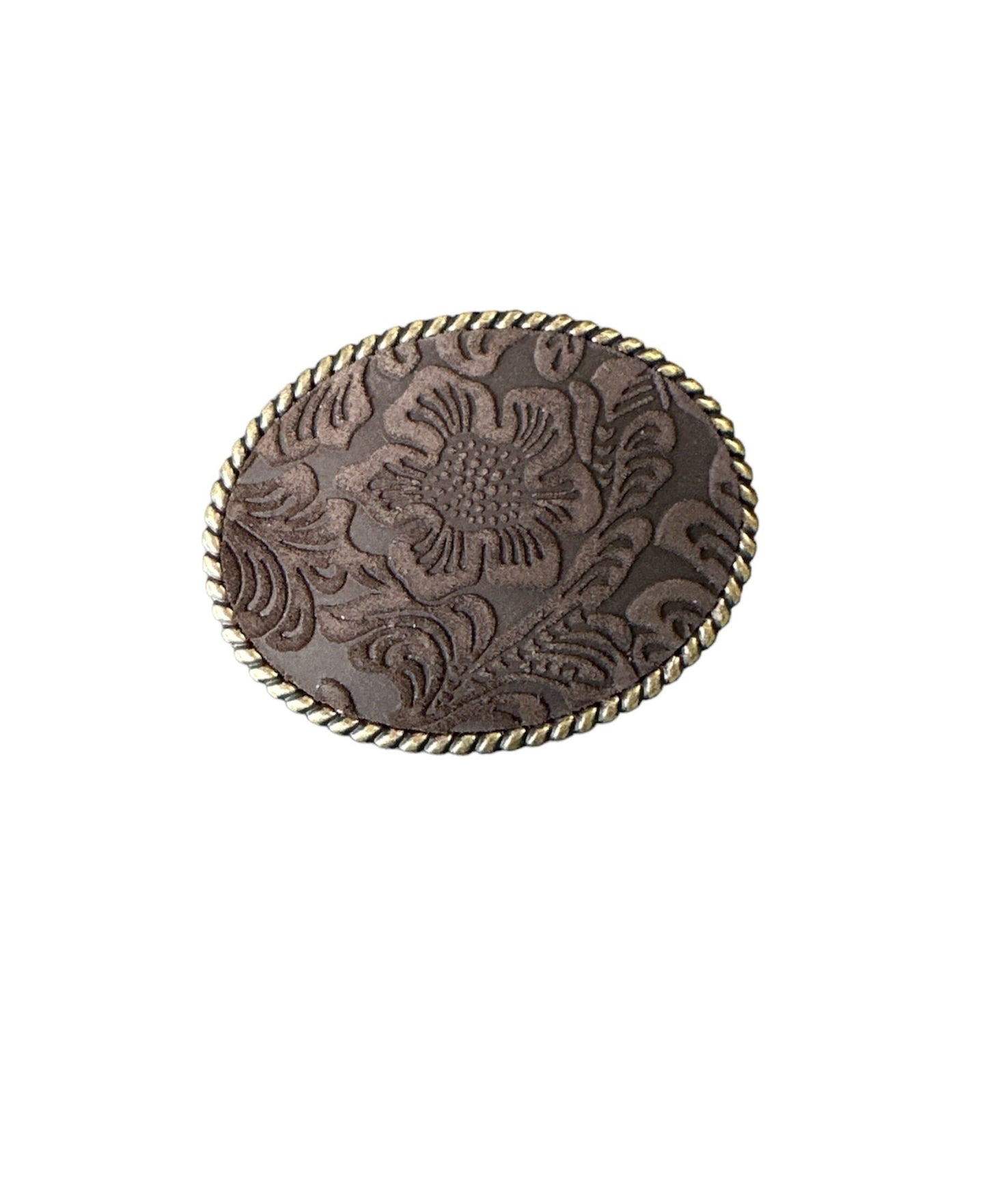 Dark Brown Floral Embossed Leather Belt Buckle