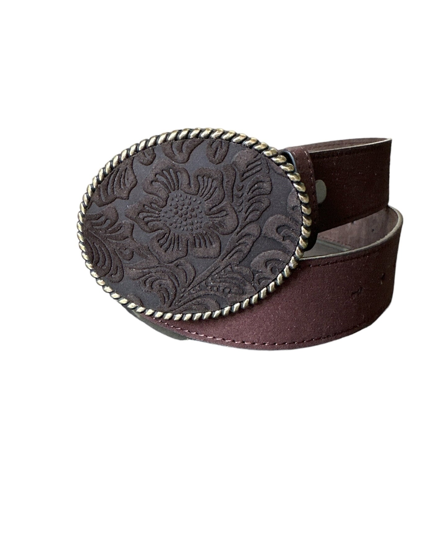 Dark Brown Floral Embossed Leather Belt Buckle