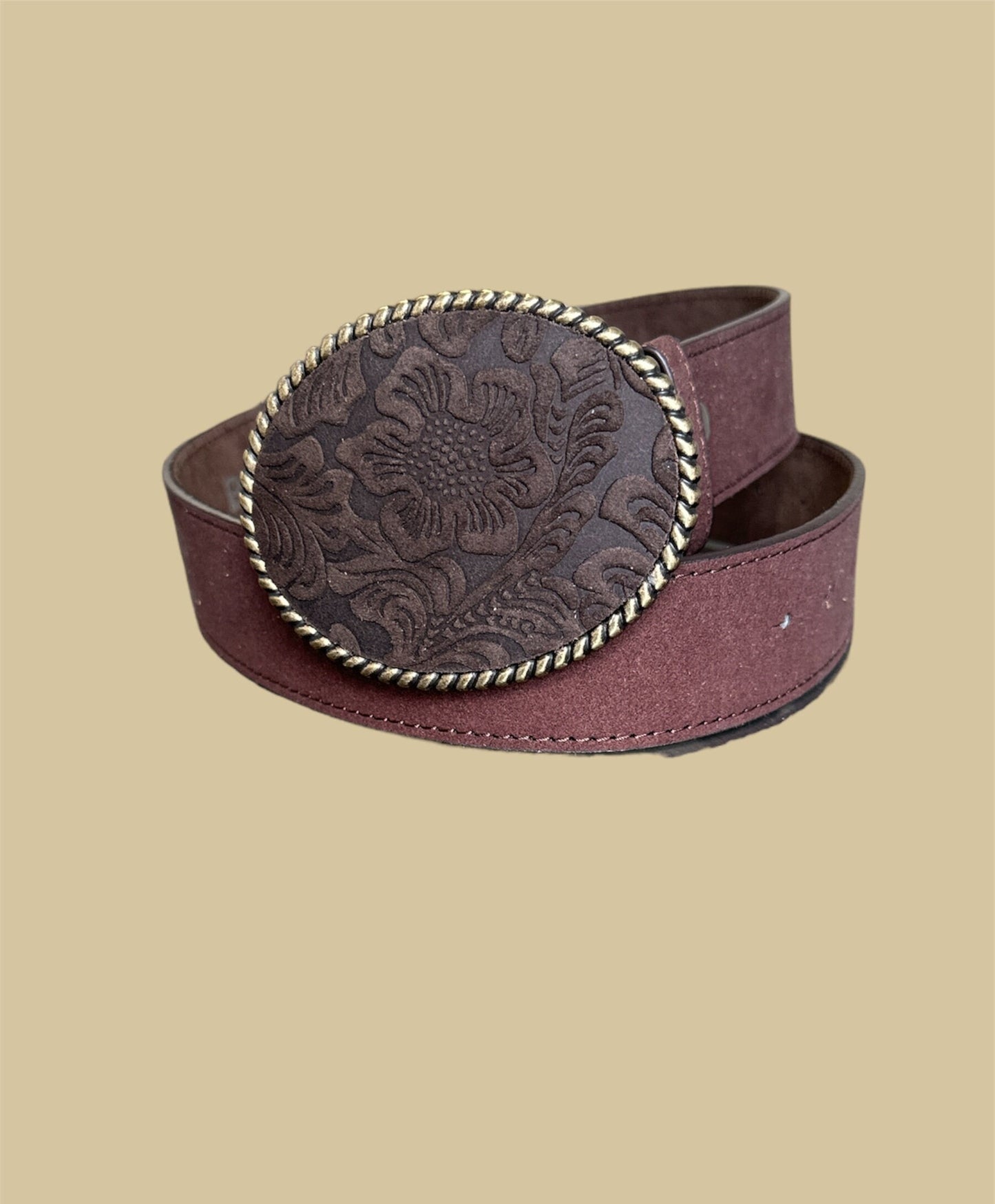 Dark Brown Floral Embossed Leather Belt Buckle