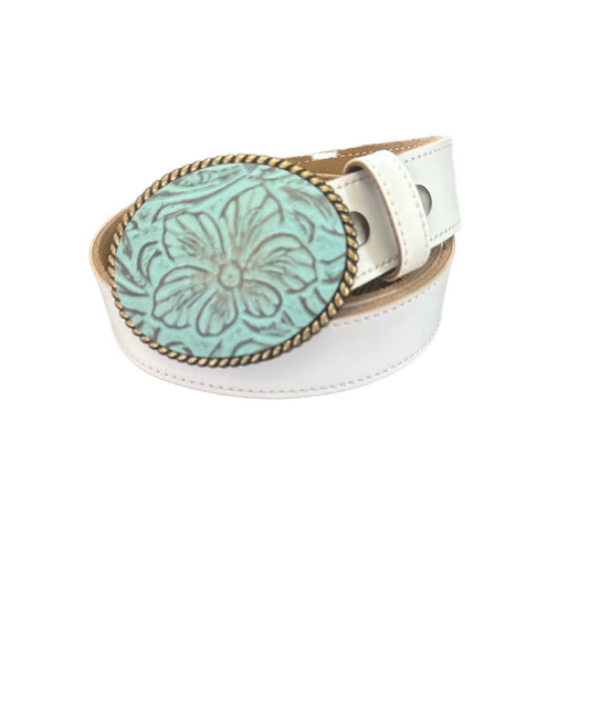 Floral Turquoise Embossed  Leather Belt Buckle