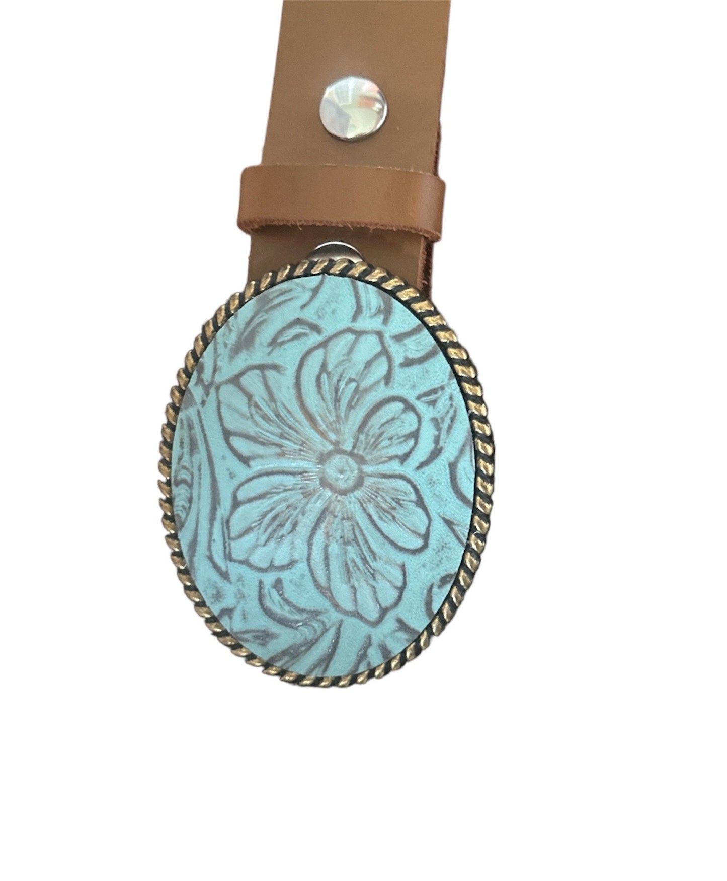 Floral Turquoise Embossed  Leather Belt Buckle