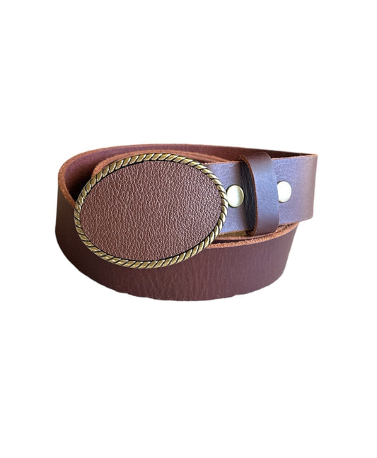 Classic Brown Leather Belt Buckle On Oval Rope Brass Buckle