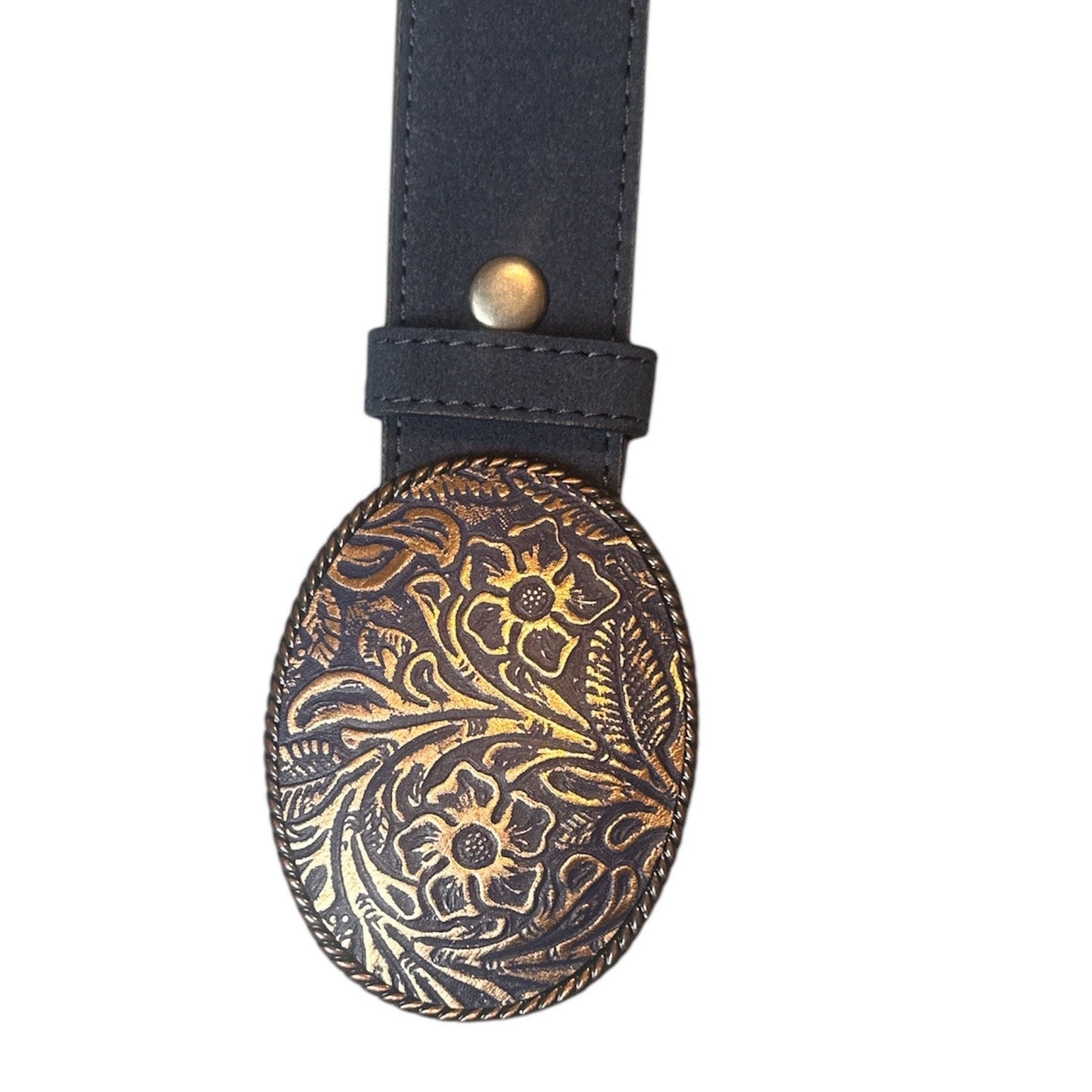 Metallic Rose Gold and Blue Embossed Leather Belt Buckle